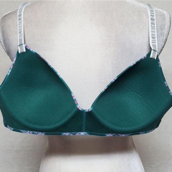 VICTORIA'S Secret Lightly Lined Wireless T-shirt Bra Green Pink Plaid Spell Out - Picture 12 of 12